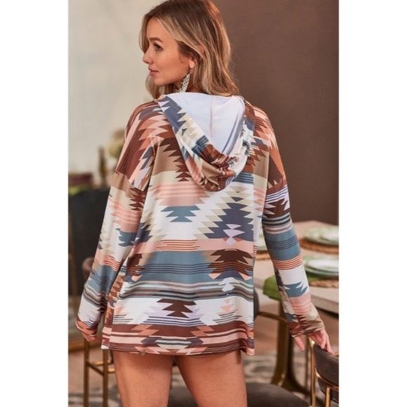 Nude Teal Western Bohemian Aztec Tribal Brushed Knit Long Sleeve Hooded Top - Picture 2 of 3